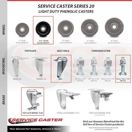 Service Caster 3.5 Inch SS Phenolic Wheel Swivel 10mm Threaded Stem Caster Set Brake SCC SCC-SSTS20S3514-PHS-TLB-M1015-4